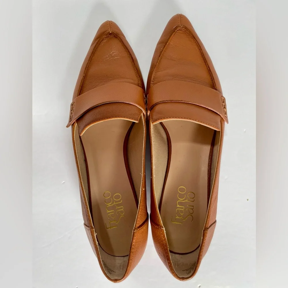 FRANCO SARTO Brown Leather Pointed Toe Loafers Gold Heel Detail 7.5 - Picture 3 of 9